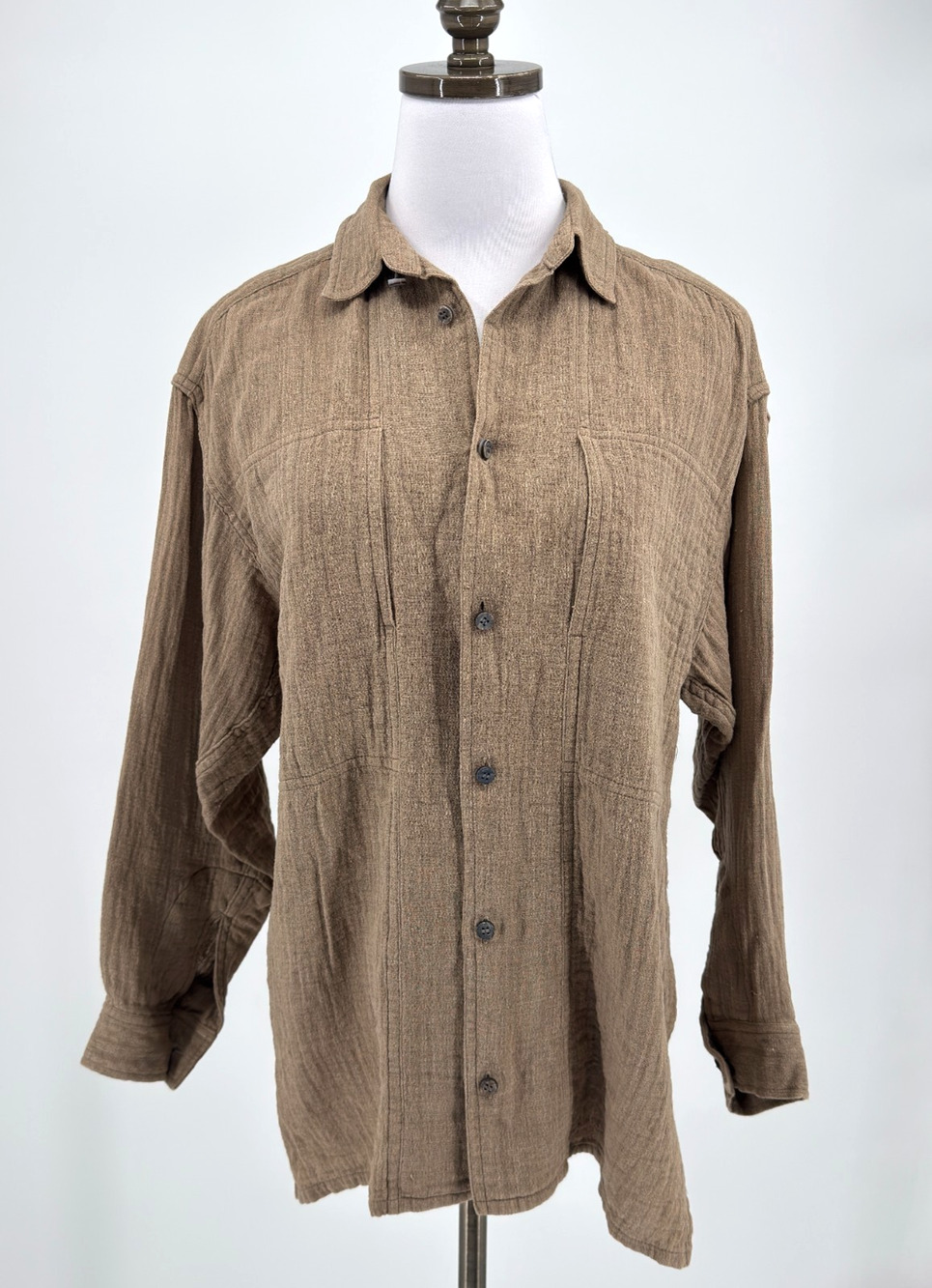 Vintage 80s Issey Miyake Plantation Brown Long Sleeve Button Down Top Sz S
